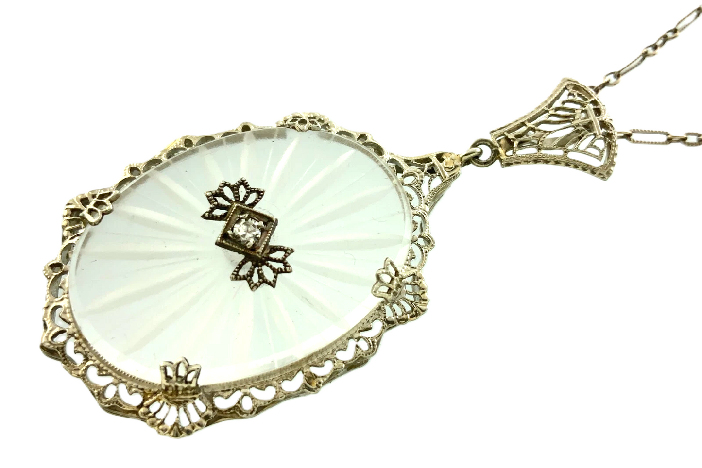 Art Deco 14k Gold Camphor Glass and Diamond Filigree Pendant and Ring AU304X