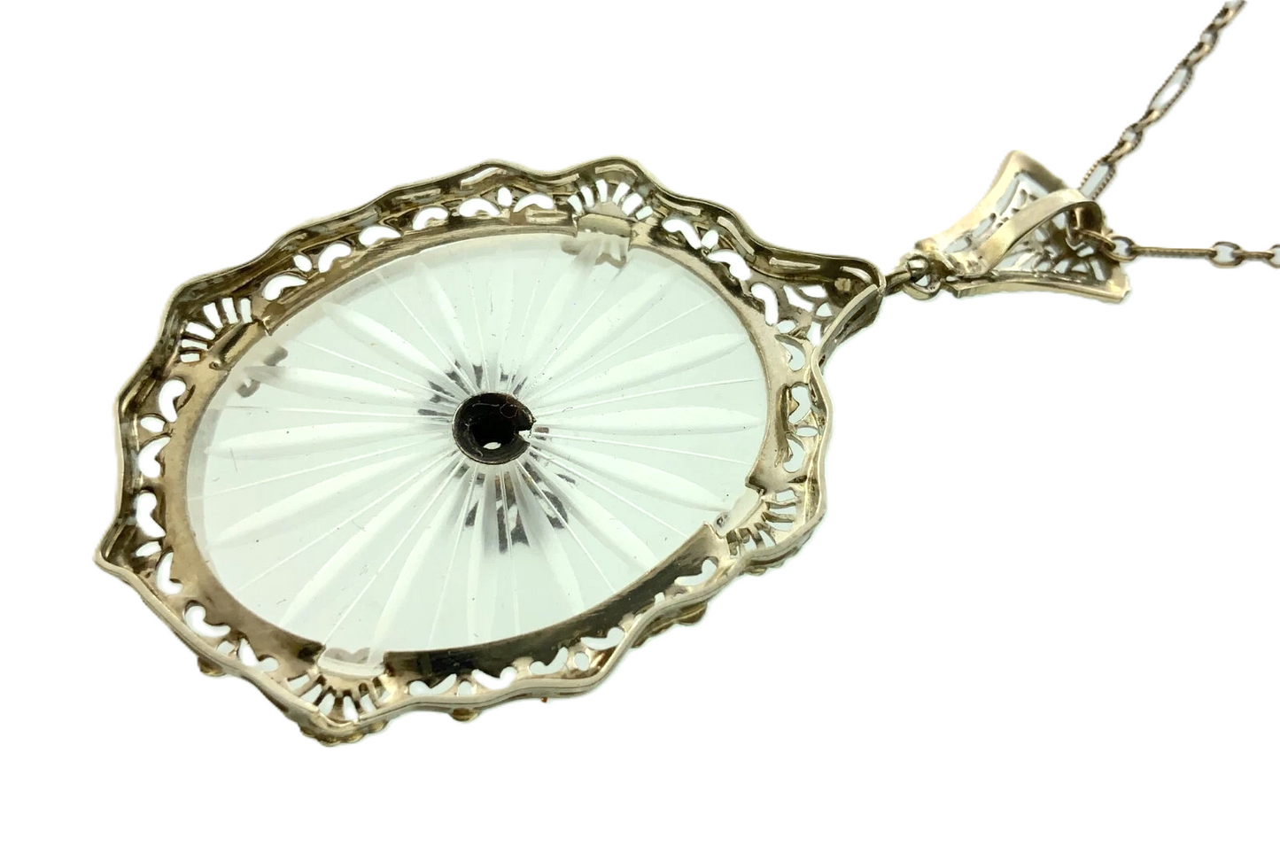 Art Deco 14k Gold Camphor Glass and Diamond Filigree Pendant and Ring AU304X