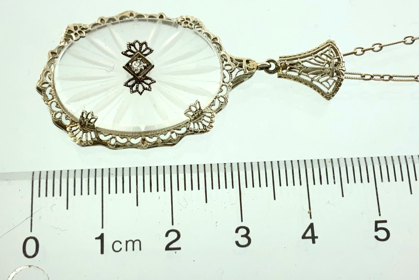 Art Deco 14k Gold Camphor Glass and Diamond Filigree Pendant and Ring AU304X