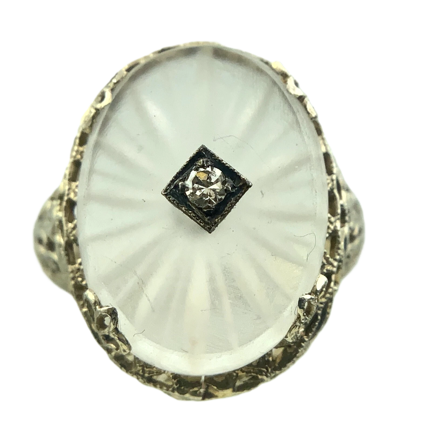 Art Deco 14k Gold Camphor Glass and Diamond Filigree Pendant and Ring AU304X