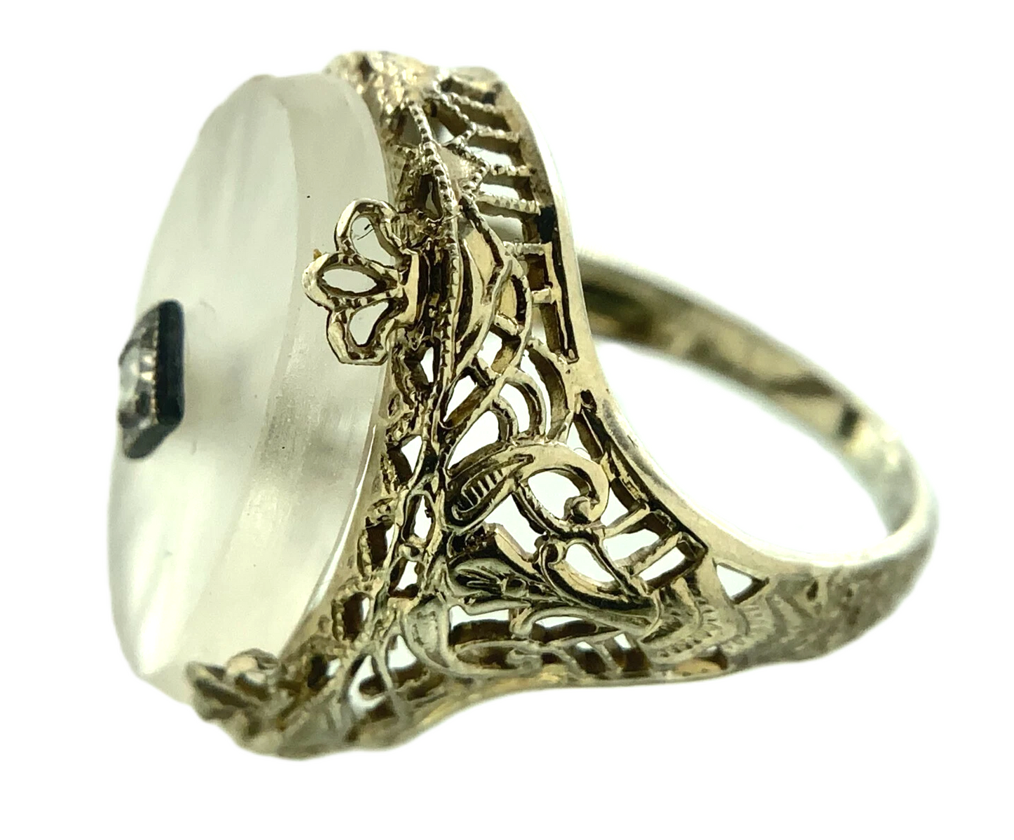 Art Deco 14k Gold Camphor Glass and Diamond Filigree Pendant and Ring AU304X