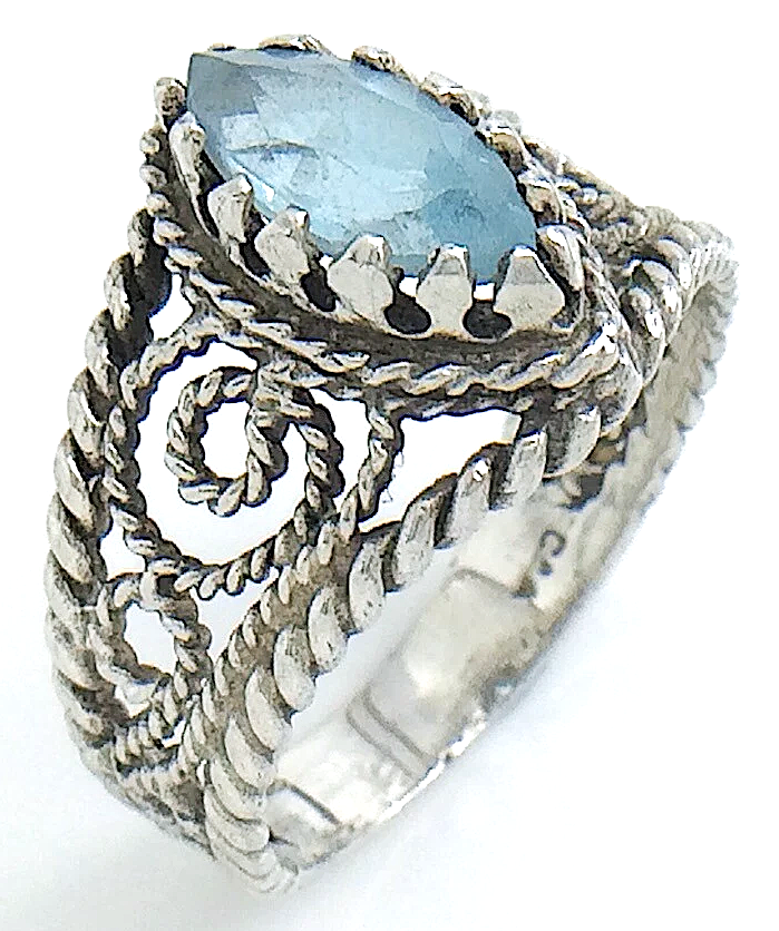 Womens Ladies Vintage  Filigree Marquise-Cut Blue Topaz Stone Sterling Silver Twisted Rope Band Size 7.75 US Ring 4.2g I982