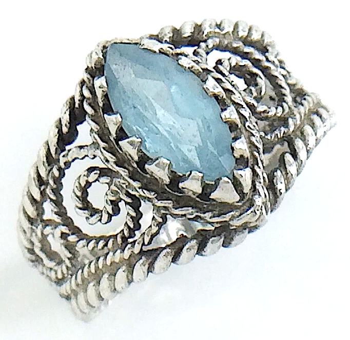 Womens Ladies Vintage  Filigree Marquise-Cut Blue Topaz Stone Sterling Silver Twisted Rope Band Size 7.75 US Ring 4.2g I982