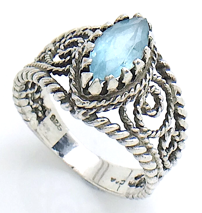 Womens Ladies Vintage  Filigree Marquise-Cut Blue Topaz Stone Sterling Silver Twisted Rope Band Size 7.75 US Ring 4.2g I982