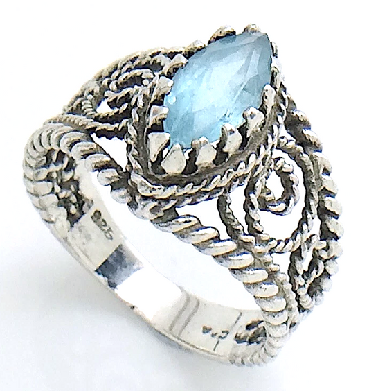 Womens Ladies Vintage  Filigree Marquise-Cut Blue Topaz Stone Sterling Silver Twisted Rope Band Size 7.75 US Ring 4.2g I982