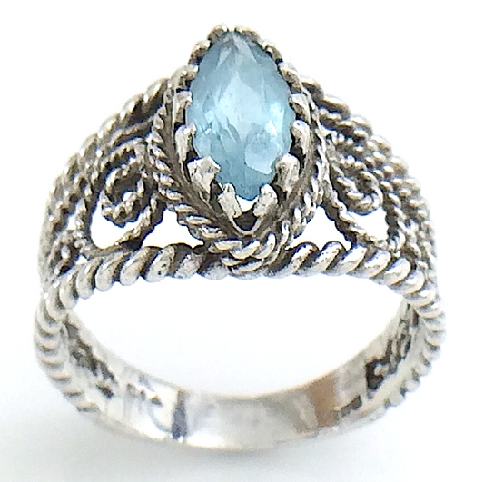 Womens Ladies Vintage  Filigree Marquise-Cut Blue Topaz Stone Sterling Silver Twisted Rope Band Size 7.75 US Ring 4.2g I982