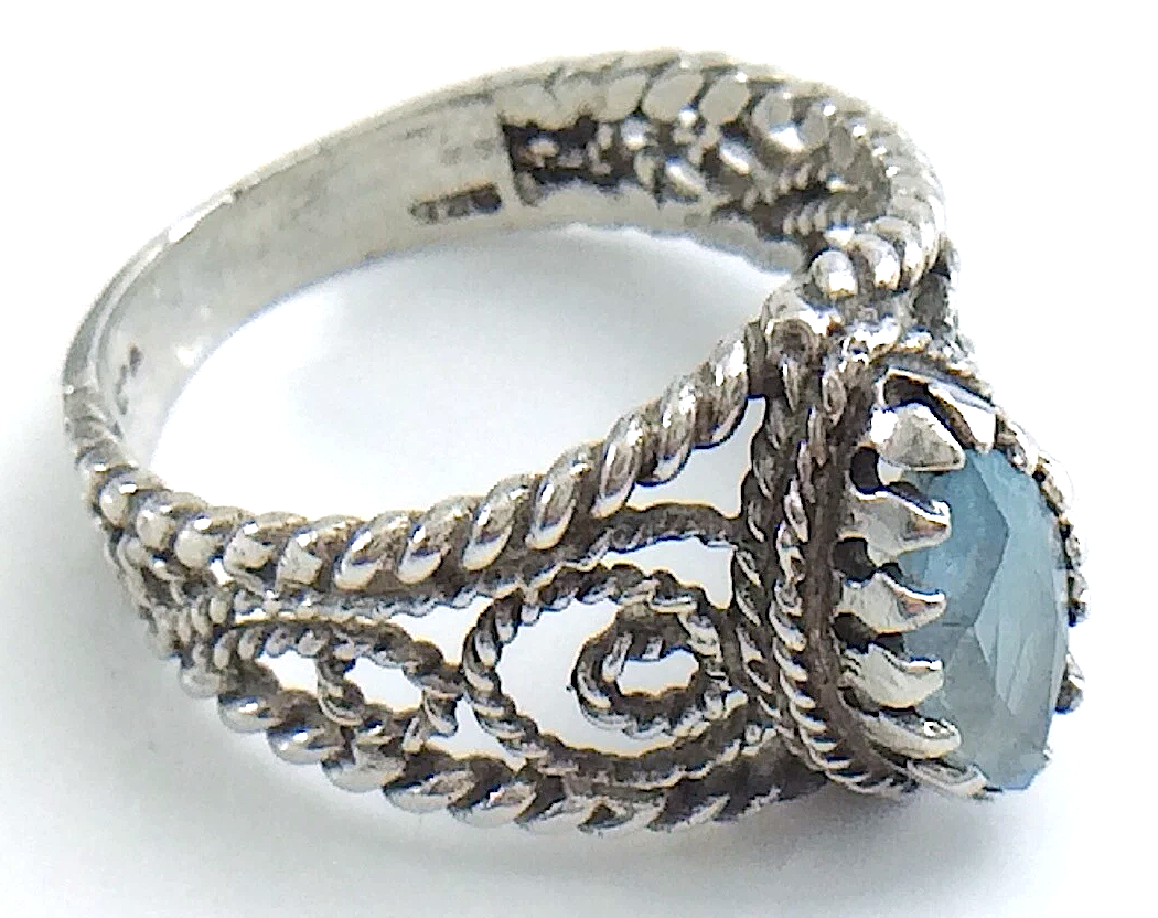 Womens Ladies Vintage  Filigree Marquise-Cut Blue Topaz Stone Sterling Silver Twisted Rope Band Size 7.75 US Ring 4.2g I982