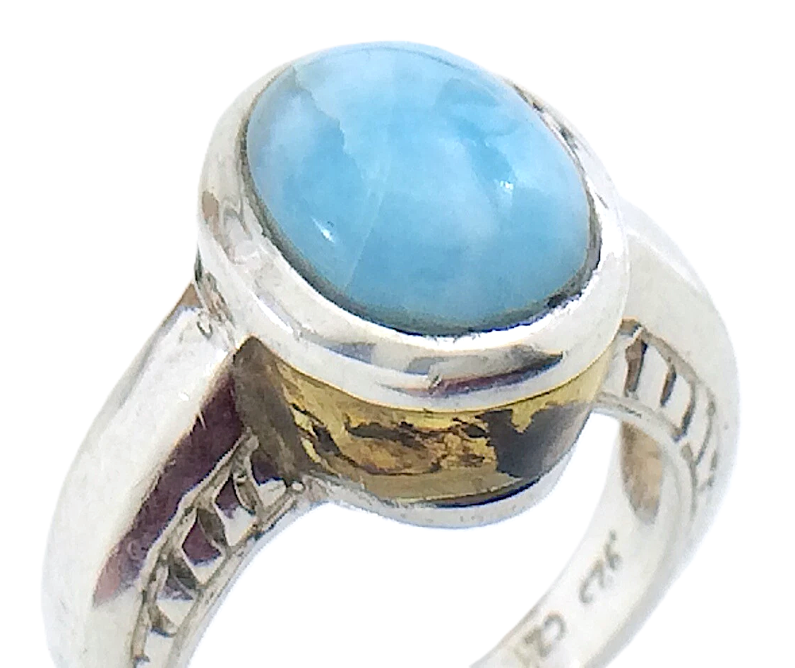 Womens Ladies Vintage Blue Larimar and Amber Stones Sterling Silver Size 5.75 US Ring 5.8g I993