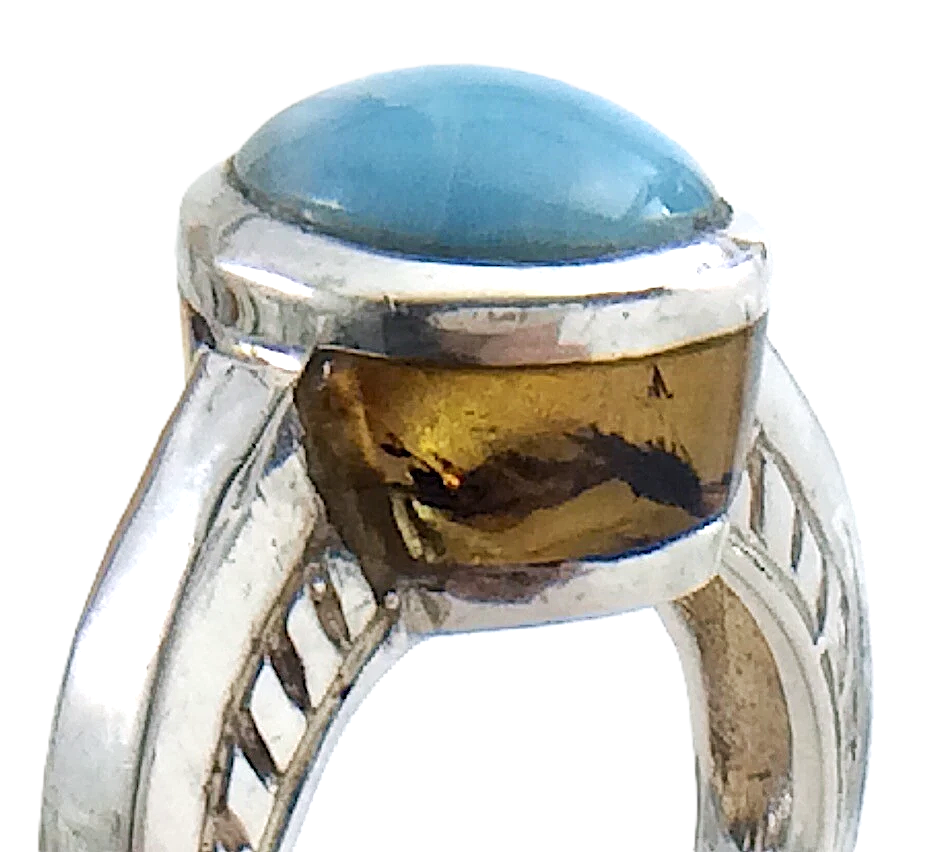 Womens Ladies Vintage Blue Larimar and Amber Stones Sterling Silver Size 5.75 US Ring 5.8g I993