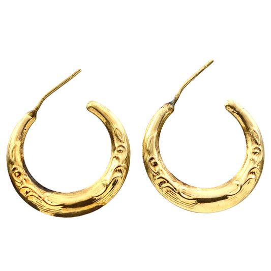 10K Yellow Gold  Chunky Hoop Earrings With Engraved Design AU324