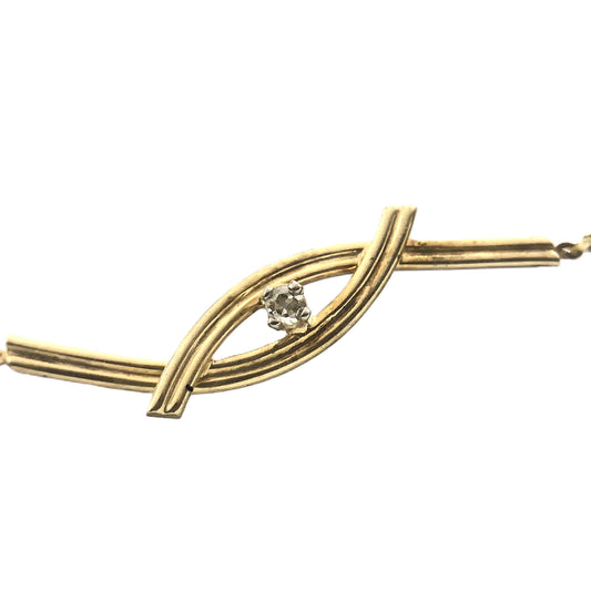 10K Yellow Gold Interlocking Design Feature with Round Solitaire Moissanite Chain 8 in x 1 mm Bracelet AU351