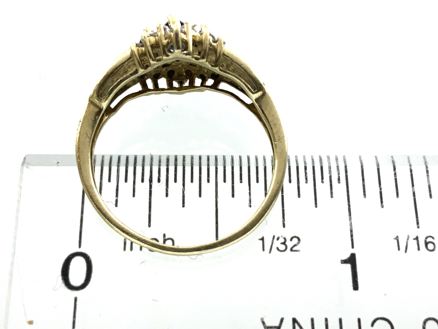 10K Yellow Gold Cocktail Cluster Lady Di Marquise Cut Three Sapphires 18 Diamonds .18 Total Carats Size 5.75 Ring AU399