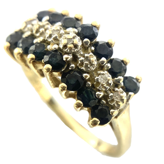 10K Yellow Gold Triple Row 14 Sapphire and 6 Round Diamonds .07 Total Carats Size 7.75 Ring AU407
