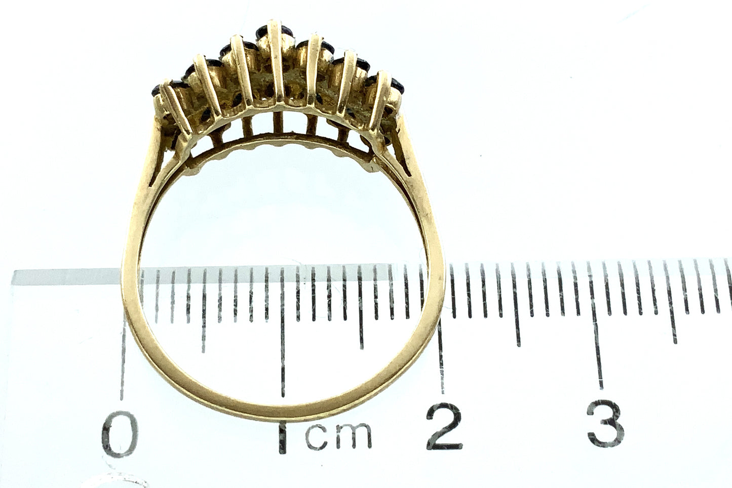 10K Yellow Gold Triple Row 14 Sapphire and 6 Round Diamonds .07 Total Carats Size 7.75 Ring AU407