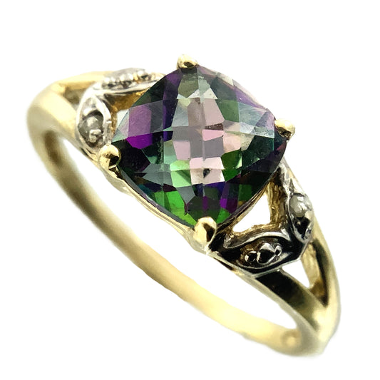 10K Yellow Gold Cushion Cut Mystic Topaz and Diamond .02 Total Carats Size 7.75 Ring AU408