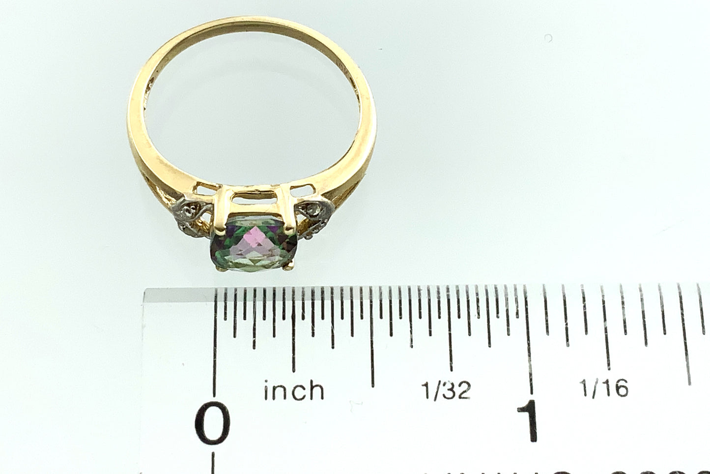 10K Yellow Gold Cushion Cut Mystic Topaz and Diamond .02 Total Carats Size 7.75 Ring AU408