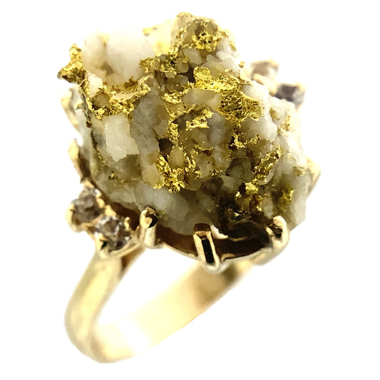 10K Yellow Natural Gold Vein 24K Nuggets Embedded in Quartz Set in Claw Mount Stone Size 6.5 Ring AU412