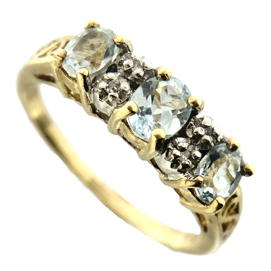 10K Yellow 3 Oval Aquamarine Gemstones Filigree Scrollwork Band Size 6.5 Ring AU413