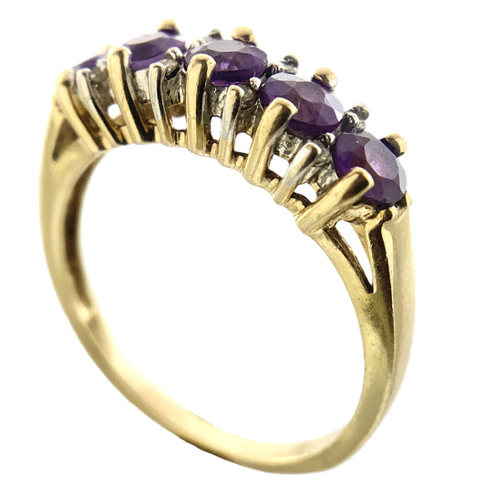 10K Yellow Gold 5 Stone Round Amethyst with Diamonds Accents .08 Total Carats Band Size 6.75 Ring AU415