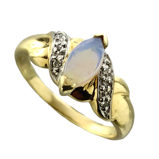 10K Yellow Gold Marquise Cut Opal with Diamond Twisted Bypass Accents .06 Total Carats Size 6 Ring AU418