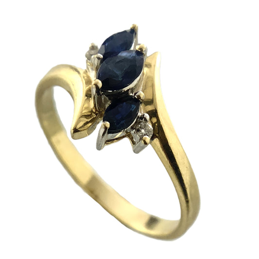 10K Yellow Gold 3 Marquise Cut Blue Sapphires with 2 Diamonds .04 Total Carats Size 6.5 Bypass Ring AU420