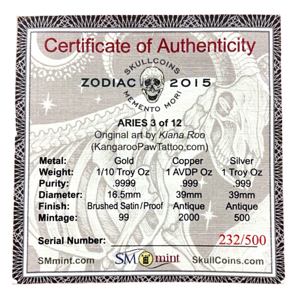1 ozt SkullCoins Memento Mori Aries 999