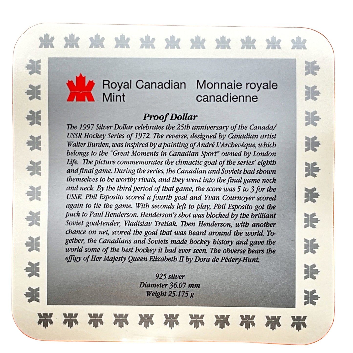 .750 ozt 25th Canada Russia Hockey Silver $1