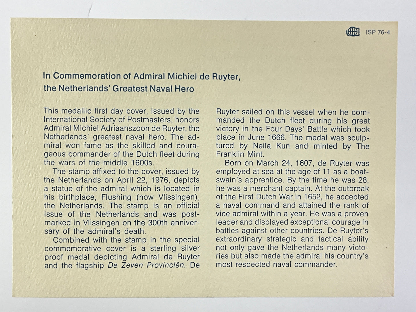 .624 ozt Admiral Michiel de Ruyter Silver