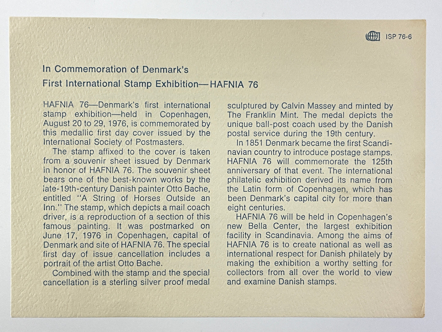 .624 ozt Stamp Show HAFNIA Silver Medal