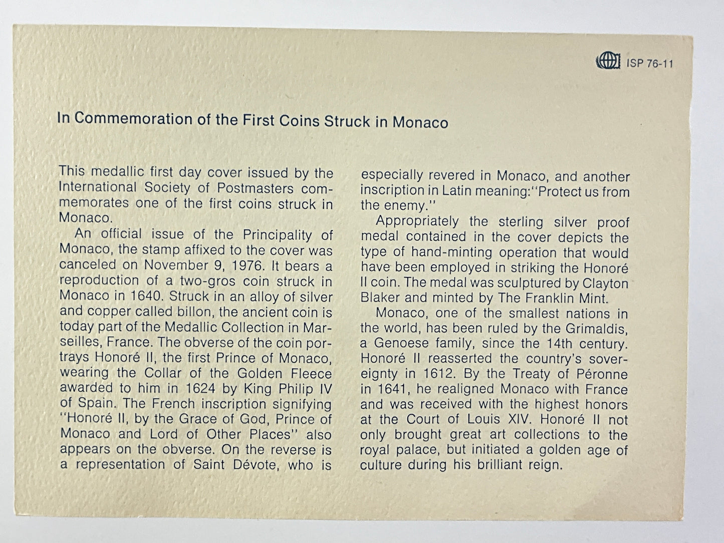 .624 ozt Monaco First Coin Struck Silver