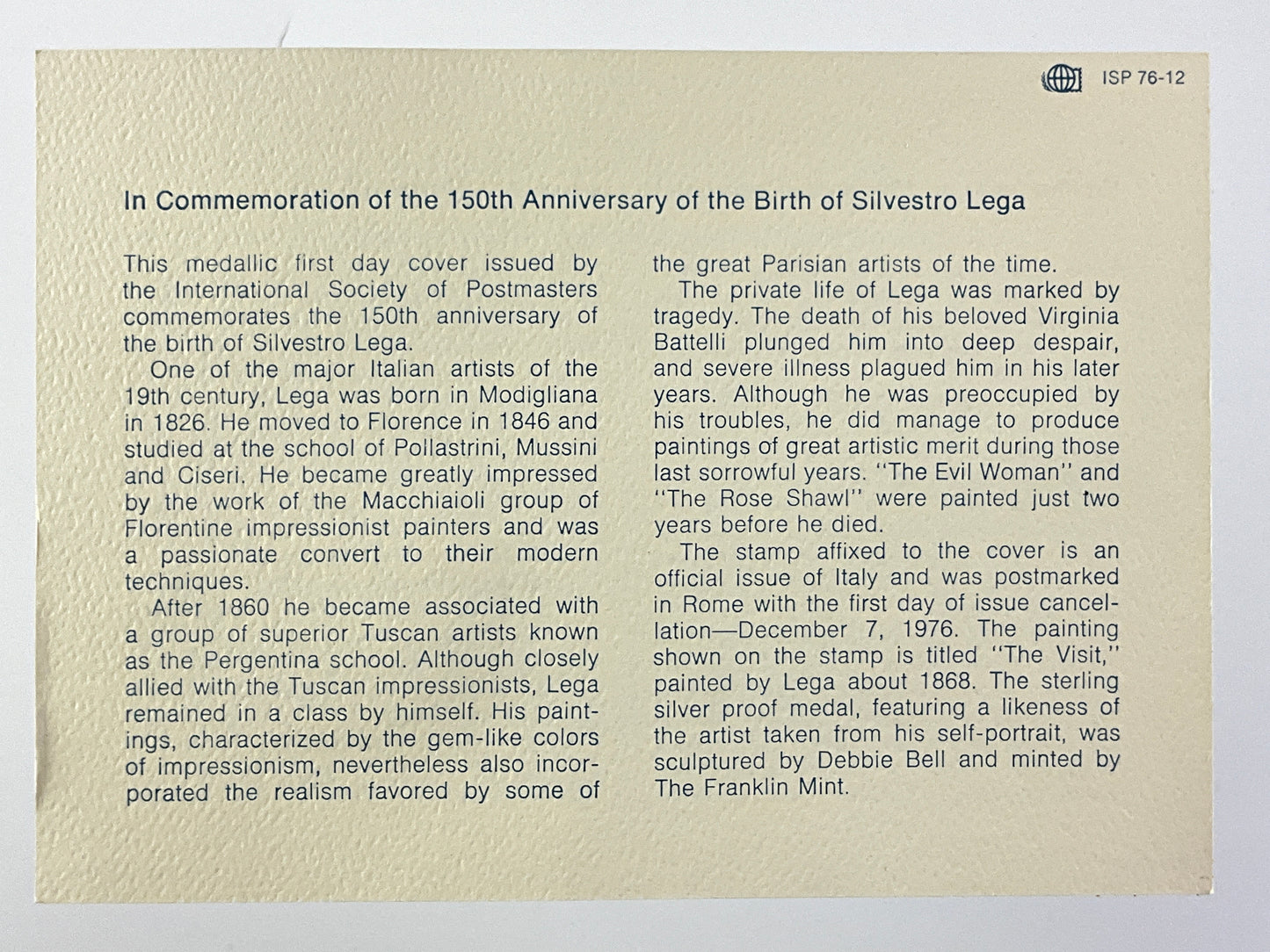 .624 ozt Silvestro Lega Birth Silver Medal