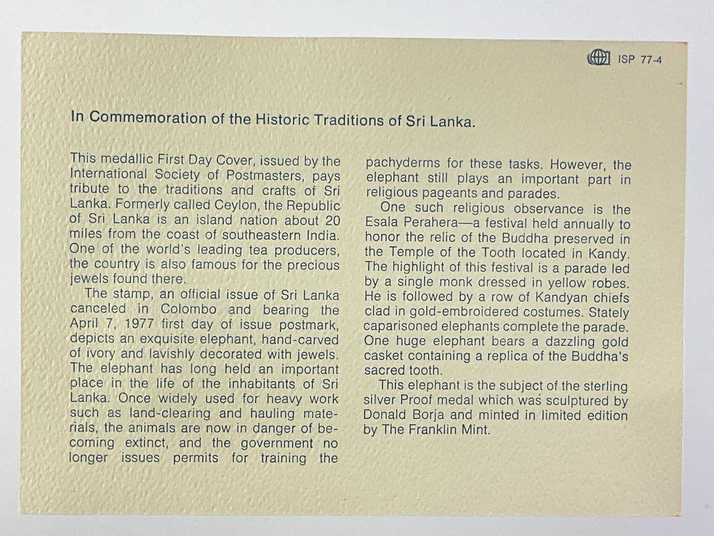 .624 ozt Sri Lanka Traditions Silver Medal