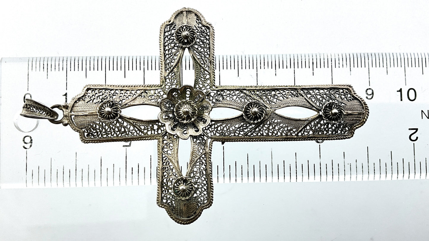 .260 ozt Vintage Necklace Van Lou Sterling Silver Filigree Crucifix Cross 9104
