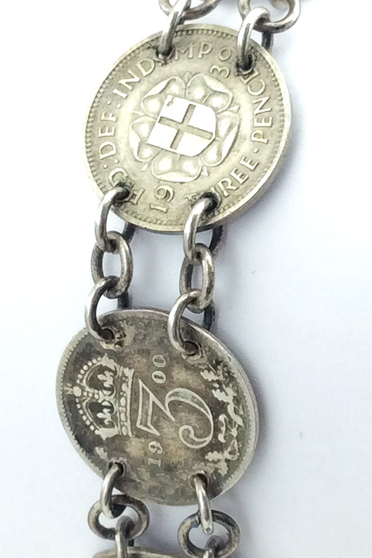 Trench Art Bracelet WW2 Three 3 Pence Great Britain Silver Coins 15.3g 7in J067