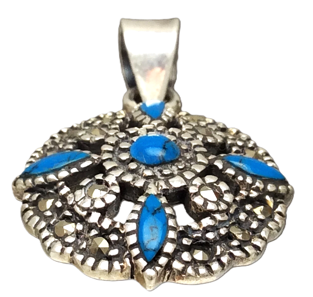 Sterling 925 Silver Marked Turquoise Marcasite Stones 3 Grams Pendant B640
