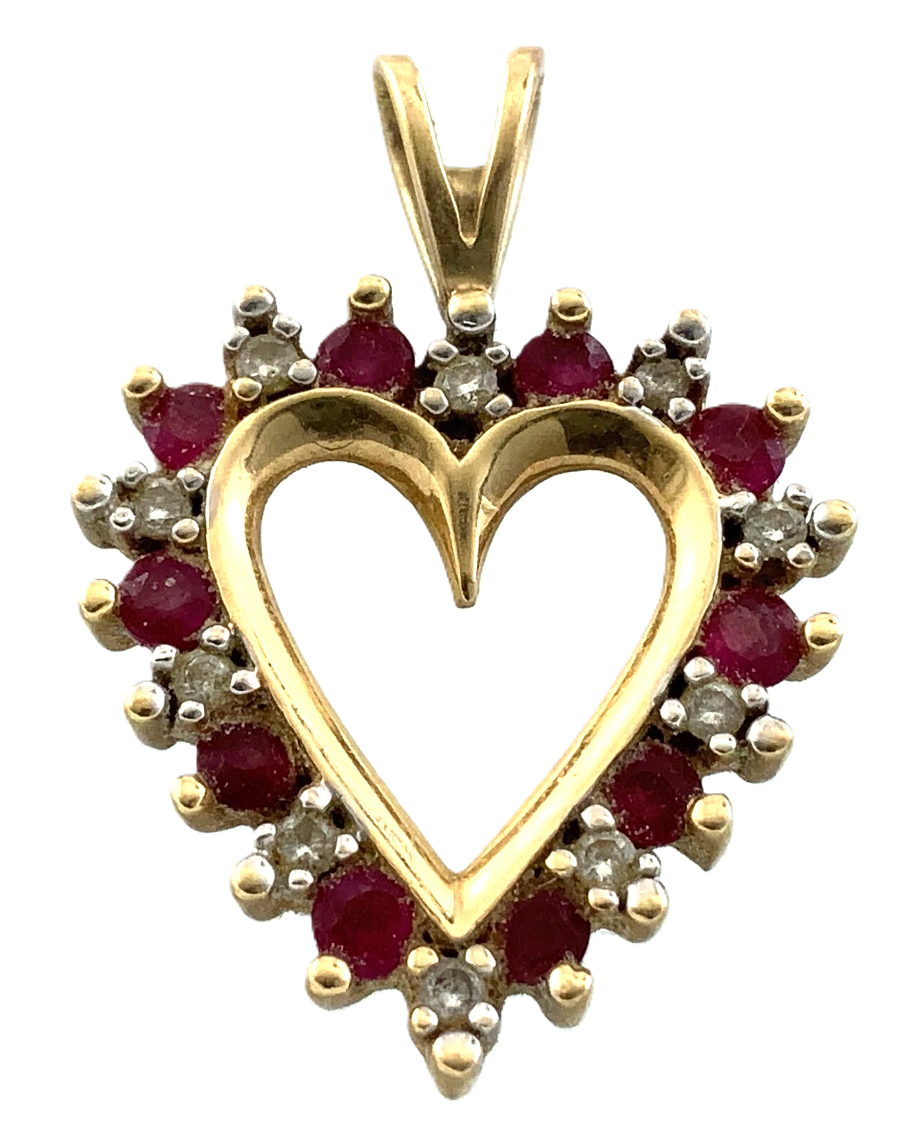 Beautiful 10K Yellow Gold Heart Pendant Ruby Style Stones Charm AU052