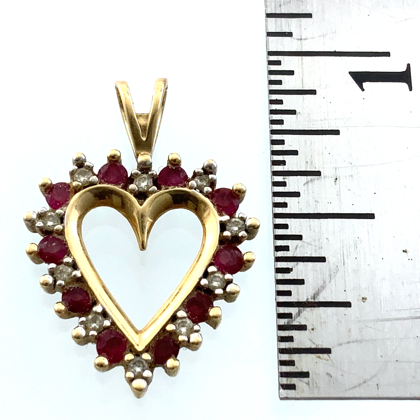 Beautiful 10K Yellow Gold Heart Pendant Ruby Style Stones Charm AU052