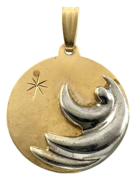 10K Yellow Gold Two Tone Moon and Star Pendant Charm AU071