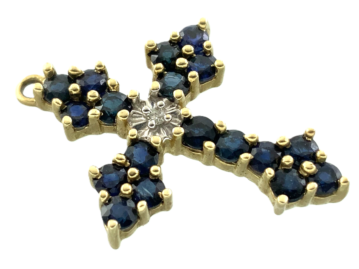 10K Yellow Gold Cross Sapphire Cluster Pendant Religious Charm AU081