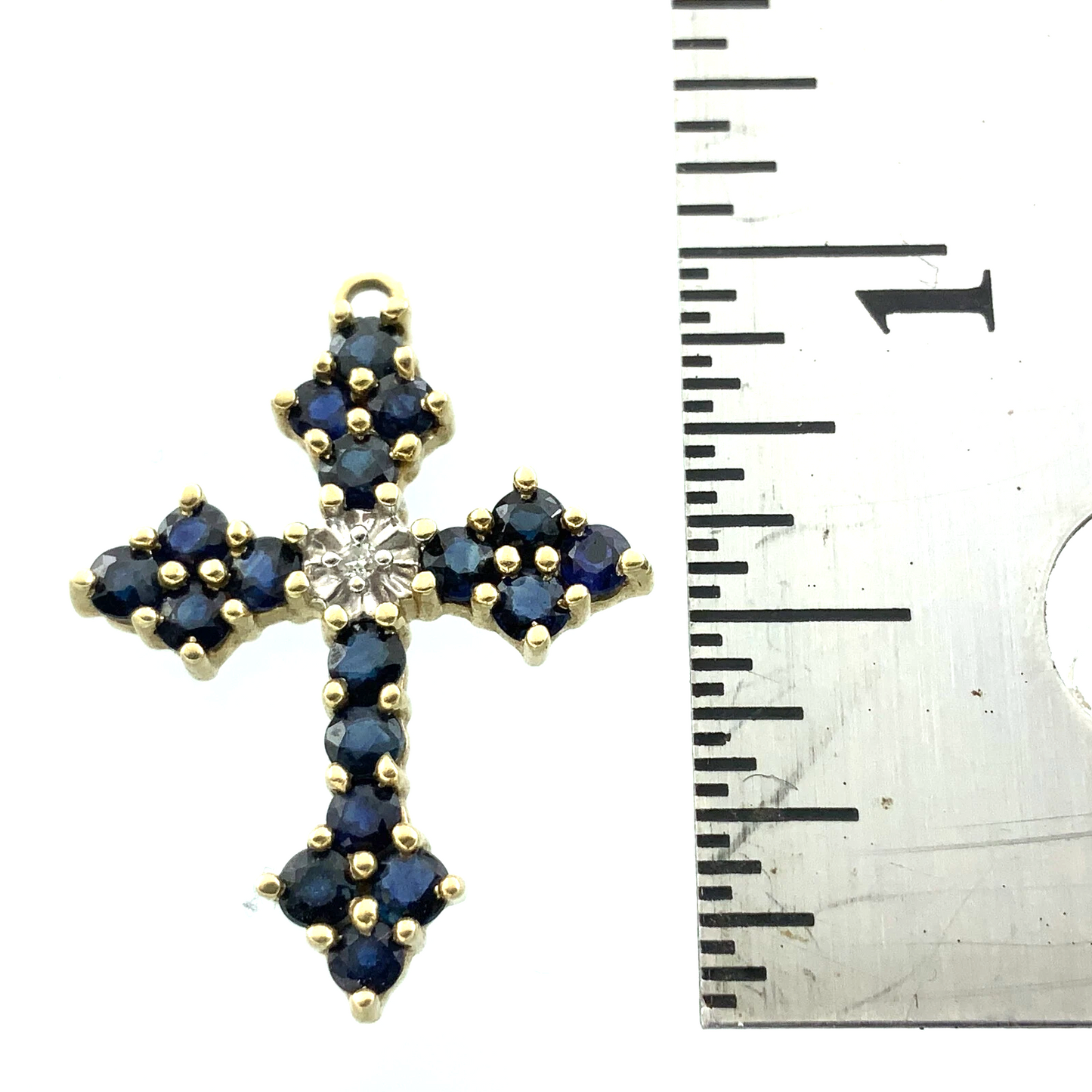 10K Yellow Gold Cross Sapphire Cluster Pendant Religious Charm AU081