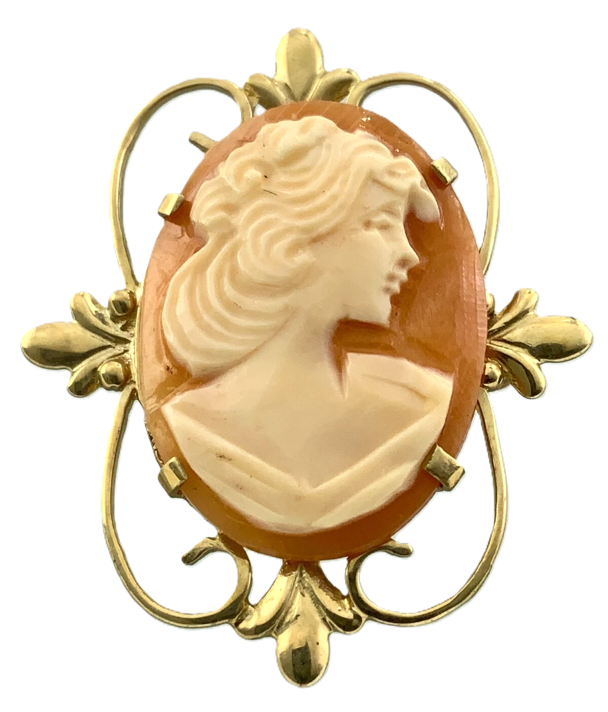 Antique Cameo Brooch 10K Yellow Gold Pendant Carved Woman Portrait AU104