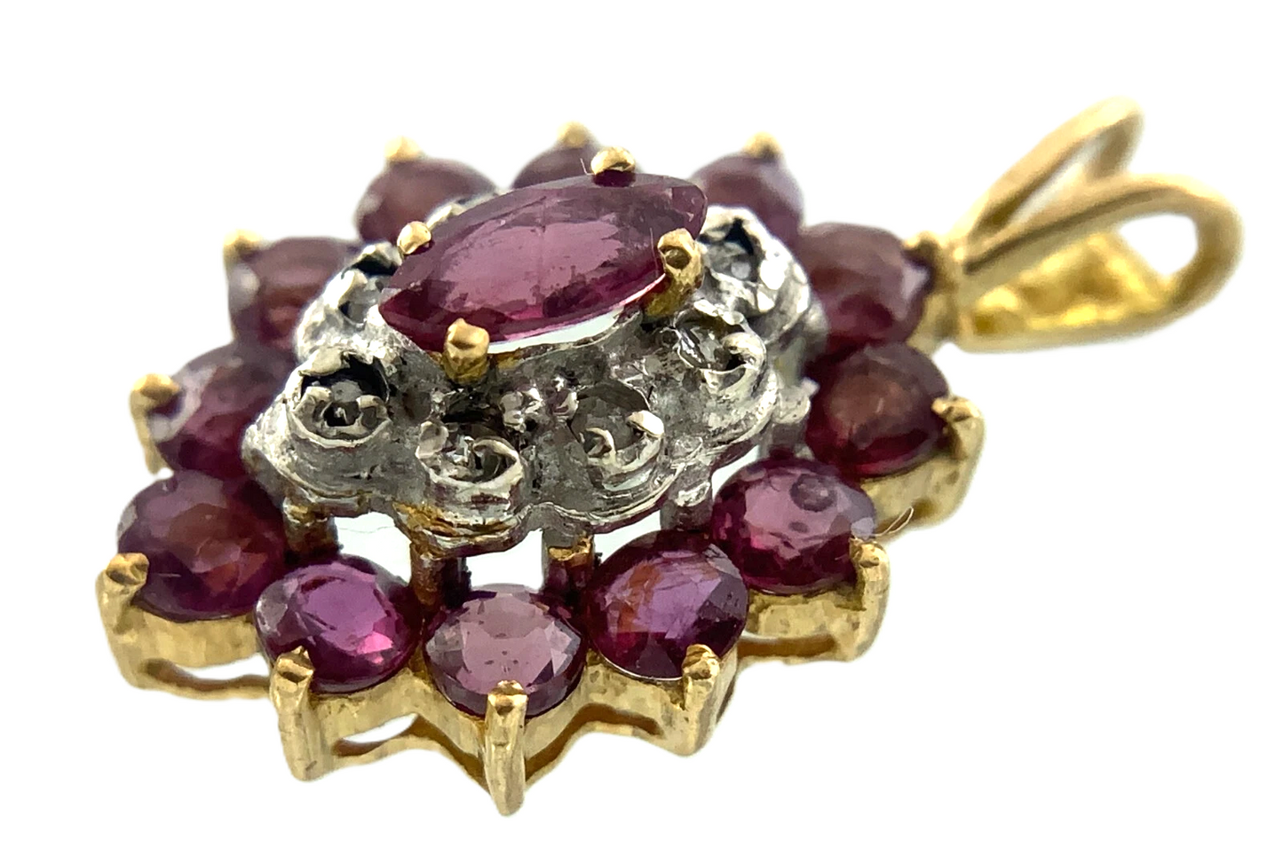 Beautiful Cluster 10K Yellow Gold Pendant Pink Stone Charm AU113