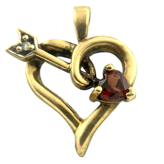 10K Yellow Gold Ruby Diamond Heart Pendant Cupid Arrow Charm AU133