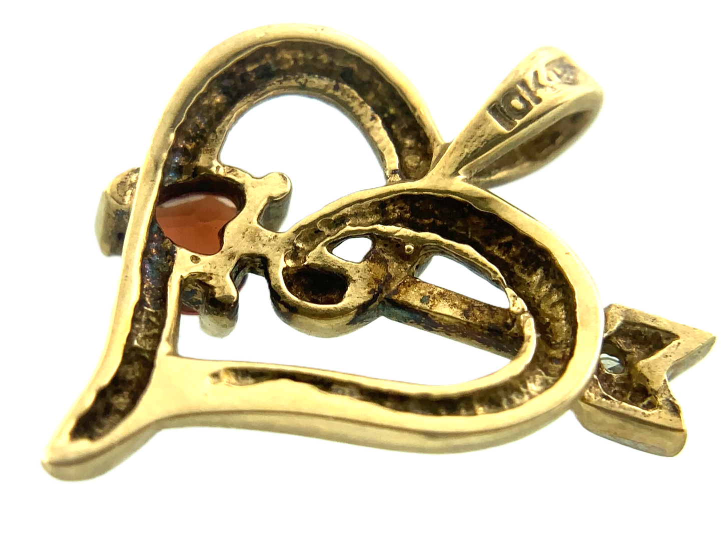 10K Yellow Gold Ruby Diamond Heart Pendant Cupid Arrow Charm AU133