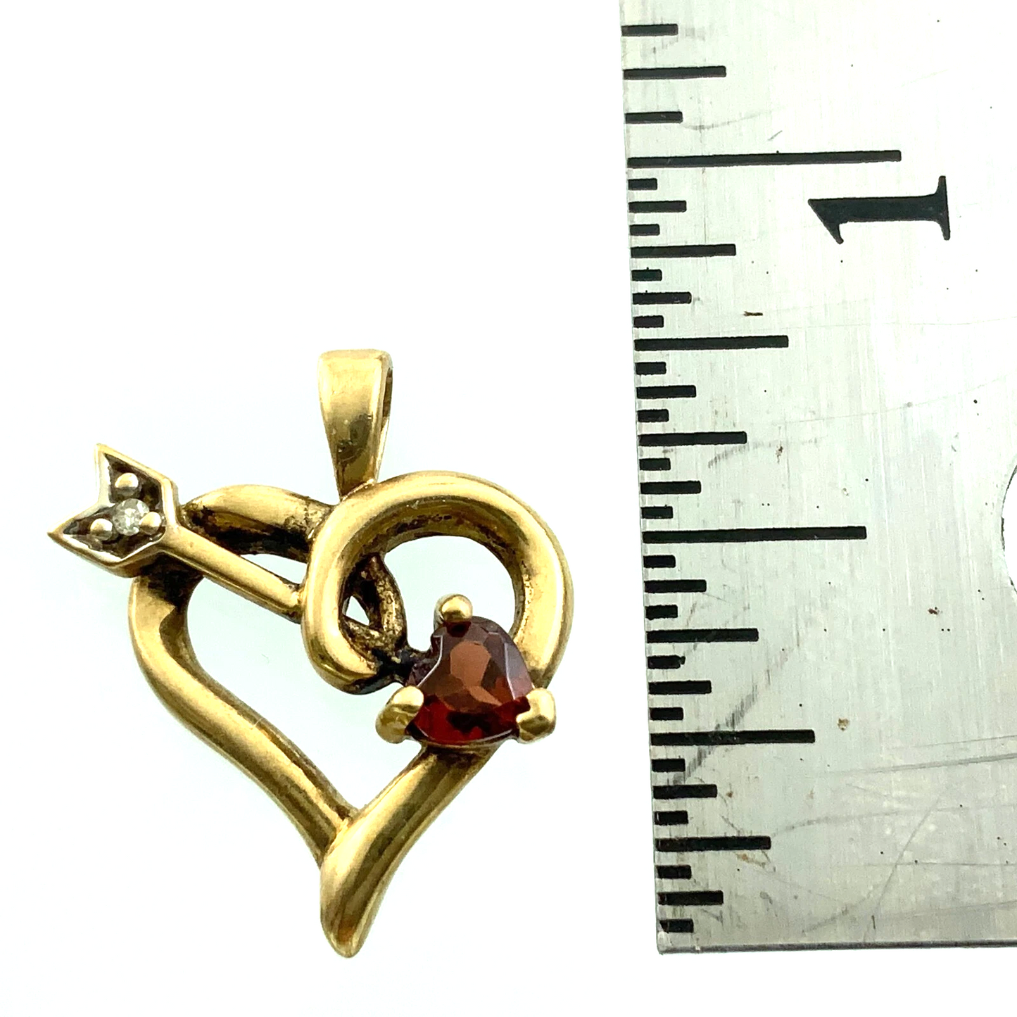 10K Yellow Gold Ruby Diamond Heart Pendant Cupid Arrow Charm AU133