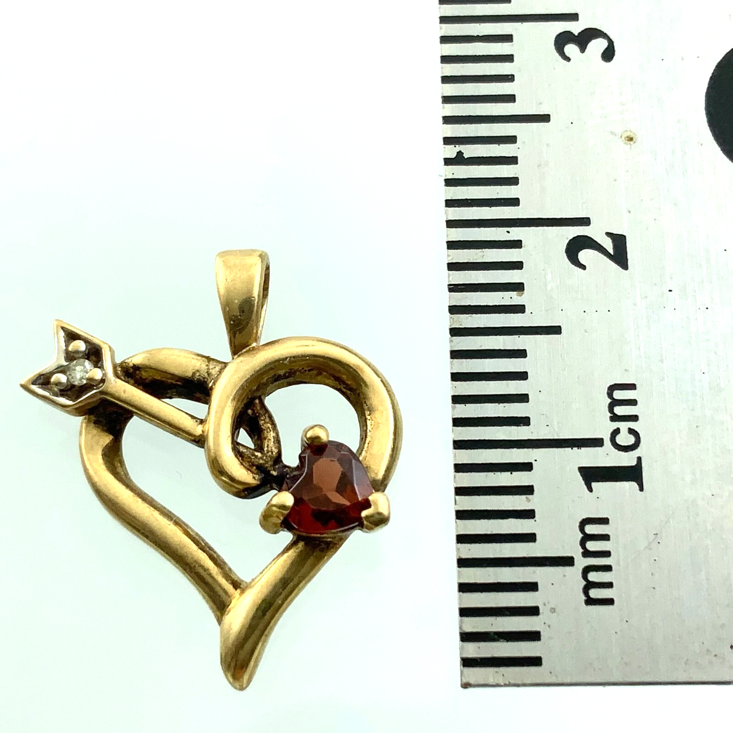 10K Yellow Gold Ruby Diamond Heart Pendant Cupid Arrow Charm AU133