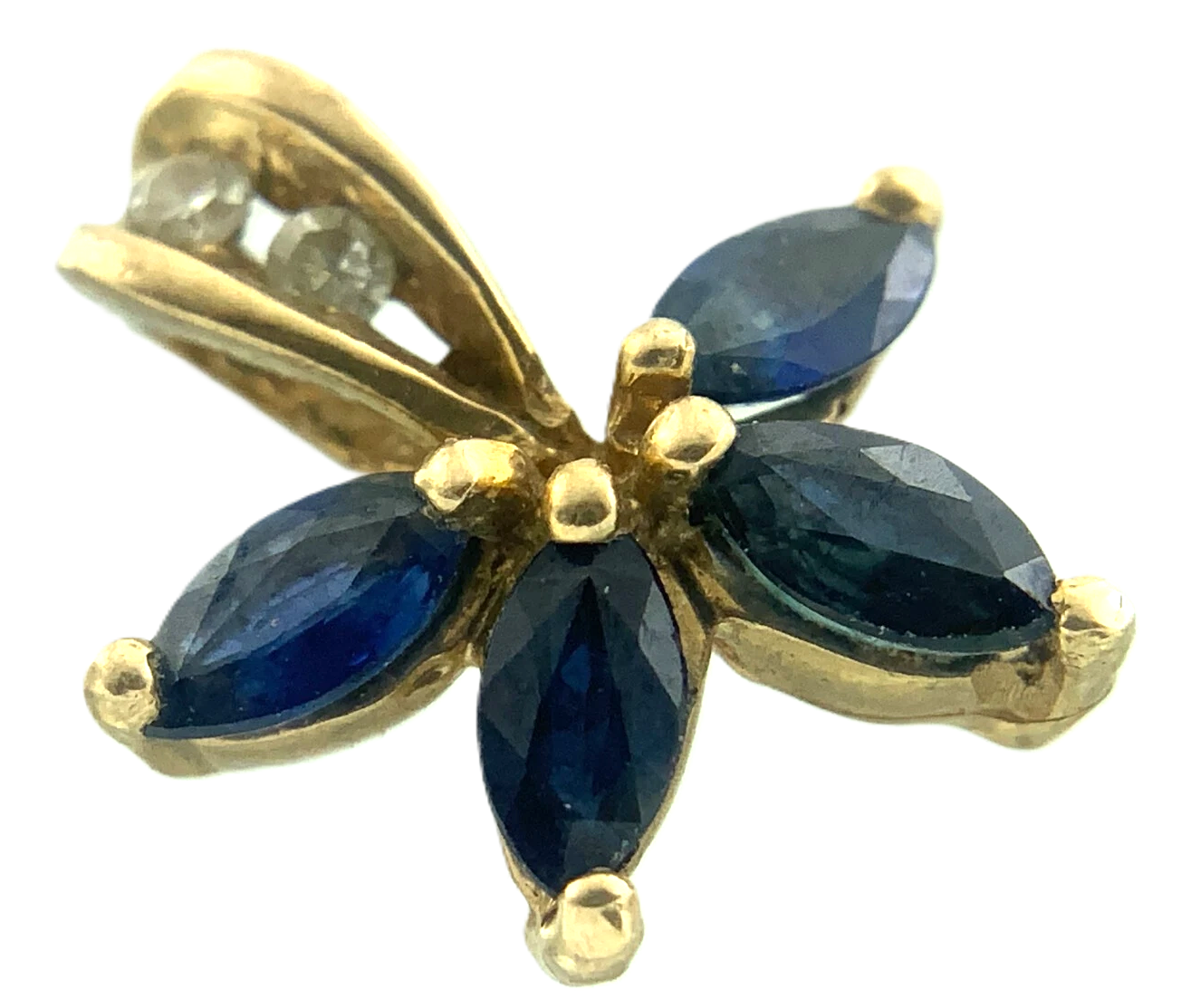 10K Yellow Gold Blue Gemstone Flower Petals Diamond Pendant Charm AU134