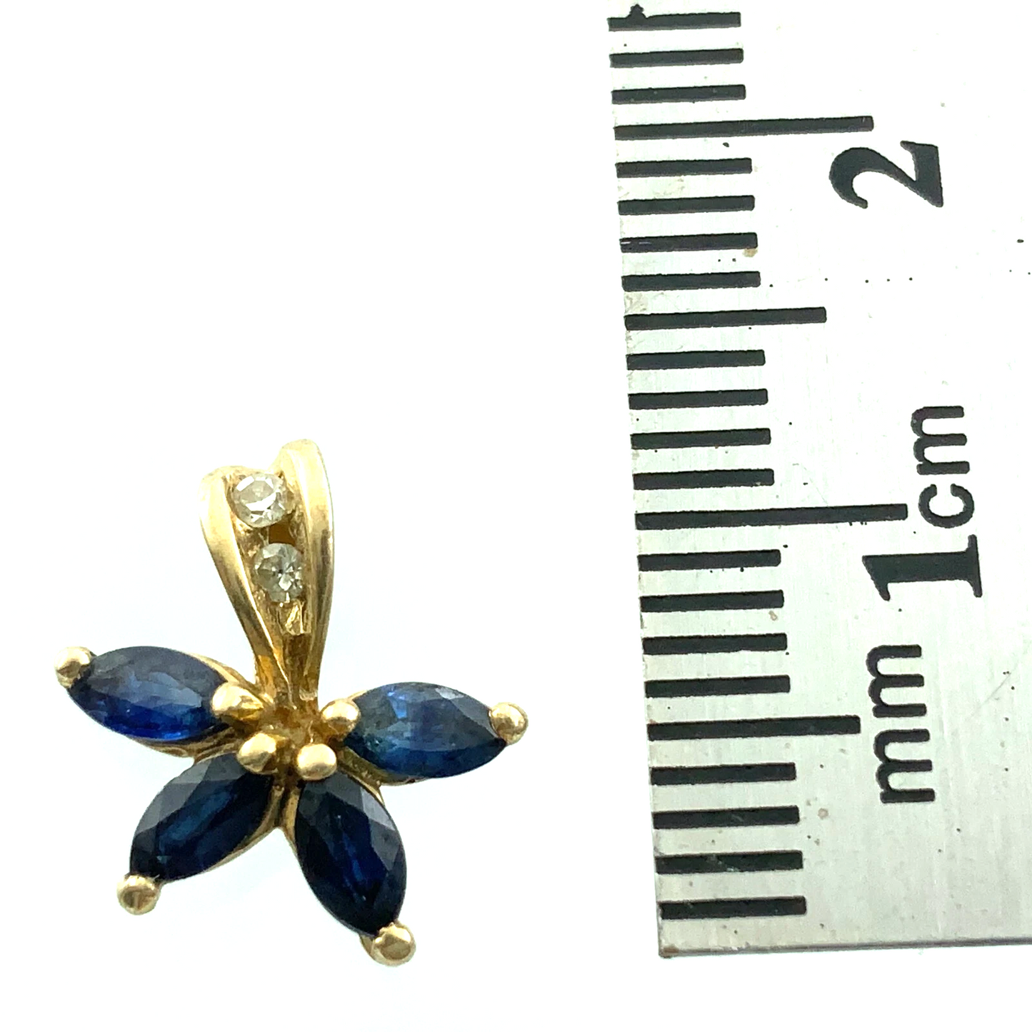 10K Yellow Gold Blue Gemstone Flower Petals Diamond Pendant Charm AU134