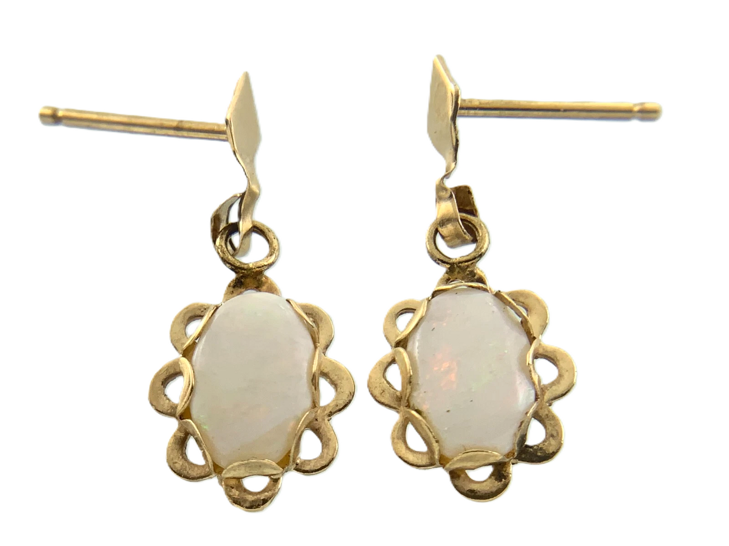 14K Yellow Gold Opal Drop Earrings Solitaire Scalloped Edge AU166