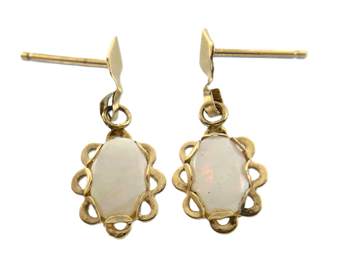 14K Yellow Gold Opal Drop Earrings Solitaire Scalloped Edge AU166